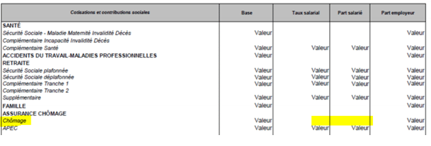 cadre assurance chomage rubrique bulletin simplifié